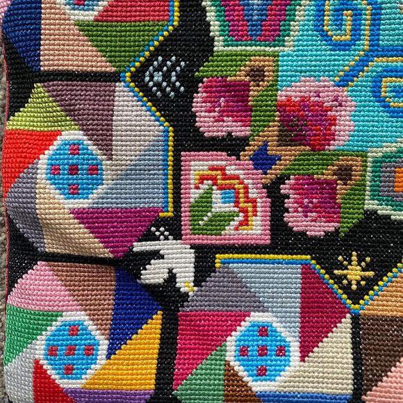 Handmade Cross Stitch Throw Pillow Cover Multicolor Om Sign Geometric OOAK - Picture 6 of 6